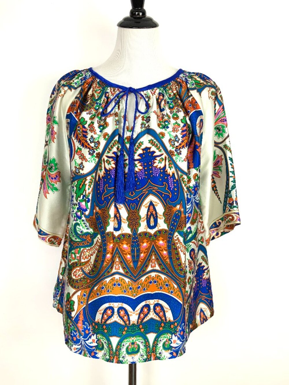 KAS New York Silk Paisley Peasant Boho Blouse Sz S